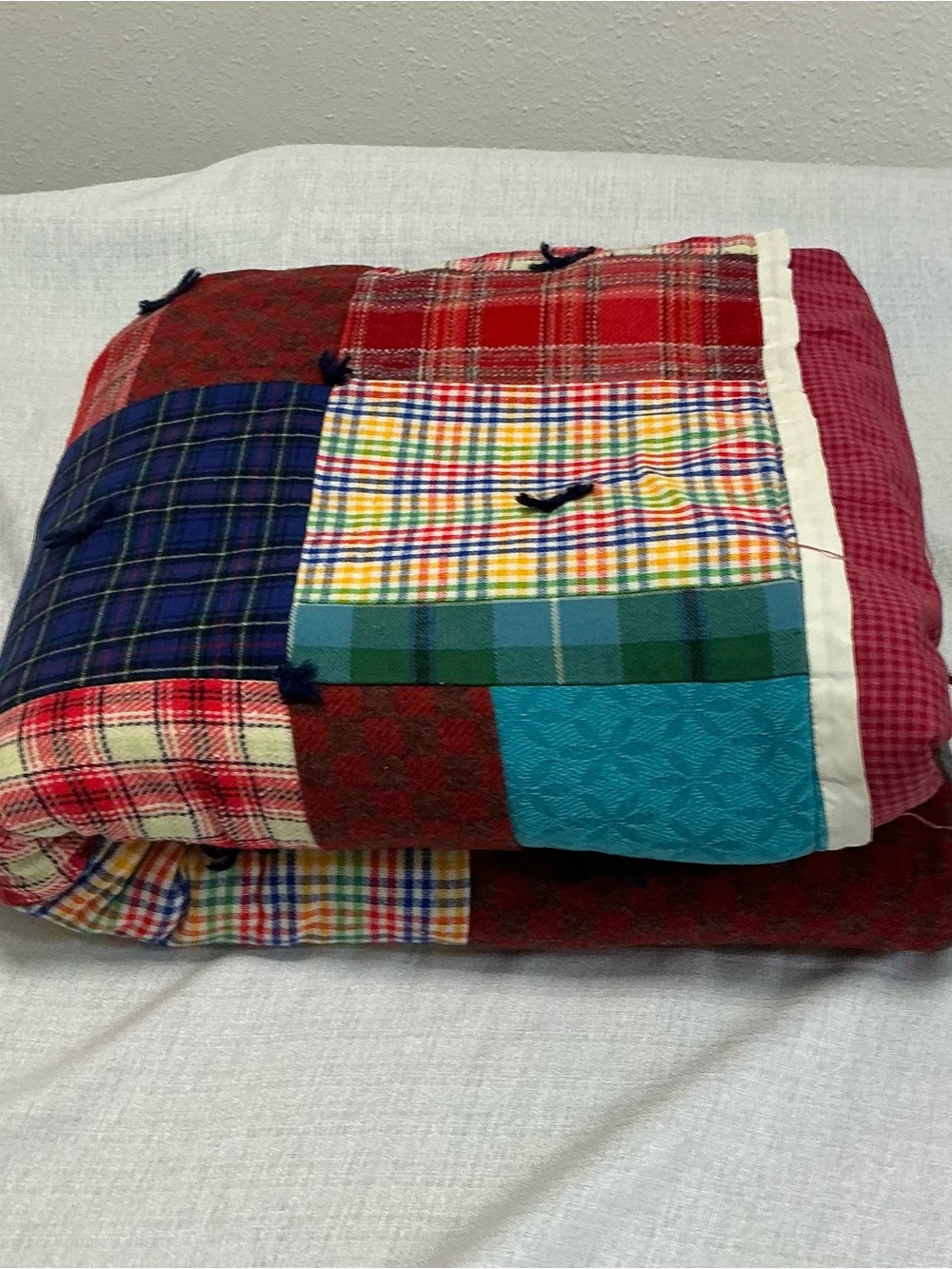 Vintage handmade patchwork quilt yarn tied plaid blanket with skirt 82x70
